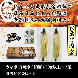 【数量限定】鹿児島県産！秘伝の特上スタミナうなぎ白焼き＜2尾・計240g以上＞肝吸いセット！ a4-098