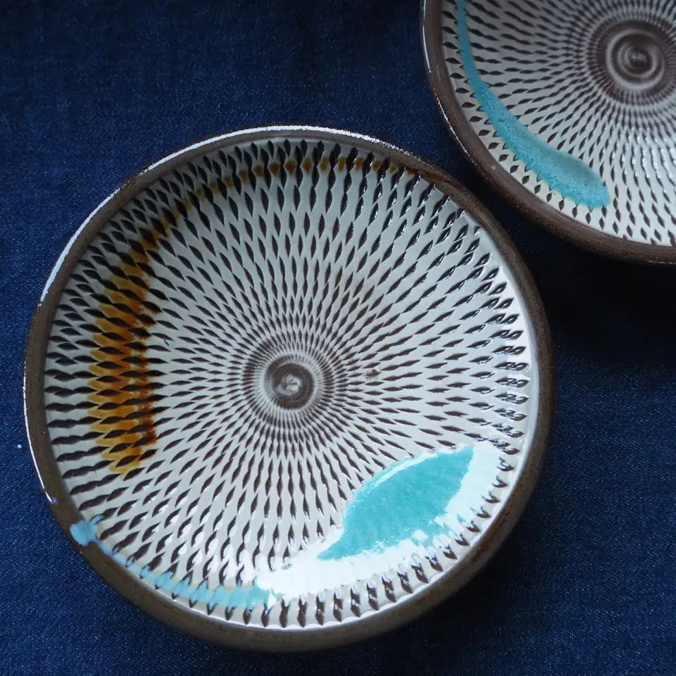 小石原焼飛鉋打掛五寸皿２枚セット直径約15cm（金丸窯） H40