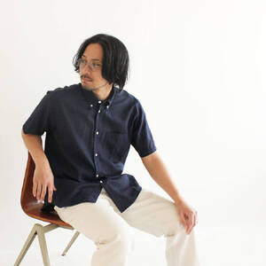 播州織メンズシャツ【WASHI】ボタンダウン 半袖【TIW_168（ネイビー）】LLサイズ「THE INDUSTRY WORKS」（1着）46-4