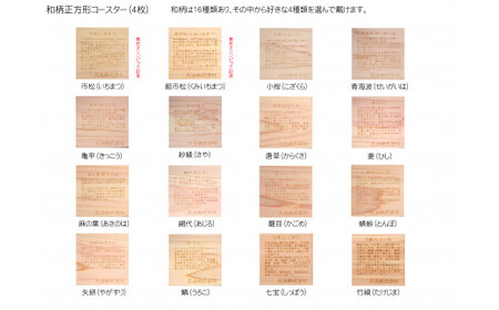 木製和柄コースター 角 和柄縁起解説入 (縦9cm×横9cm×厚1cm・4枚セット) ふるさと納税 福知山市 コースター 木製 和風 和柄 縁起 御守文様 開運 厄除け 木彫り 平彫り 木工 木製品 【fc-ZG034】【天法株式会社】