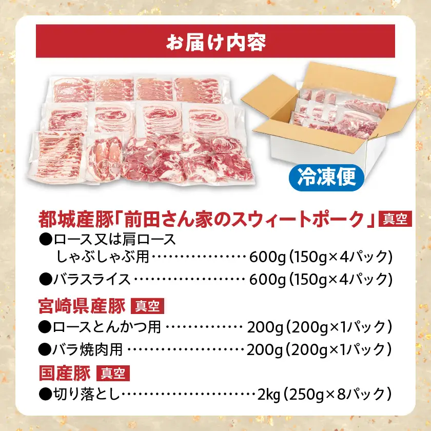 オール真空!豚肉バラエティ3.6kgセット〔MJ-8929〕_(都城市) 宮崎県産豚 前田さん家のスウィートポーク 真空パック 国産豚 豚肉 肉