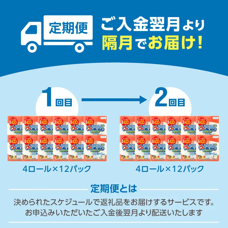 【隔月配送】キッチンタオル100カット（4ロール×12パック）2回お届け定期便 T10042