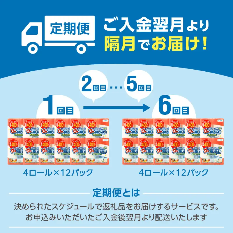 【隔月配送】キッチンタオル100カット（4ロール×12パック）6回お届け定期便 T10044