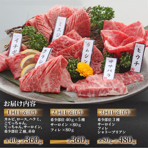 近江牛 焼肉 特上 盛り合わせ 定期便 3回 冷凍 シャトーブリアン ( 近江牛 サーロイン フィレ ヘレ 希少部位 ミスジ クラシタ イチボ ヒウチ ササバラ ラムシン 等 カルビ ロース ハラミ こてっちゃん 3ヶ月 赤身 和牛 黒毛和牛 ブランド 牛肉 近江牛 贈り物 ギフト 国産 近江牛 滋賀県 竜王町 岡喜 霜降り 神戸牛 松阪牛 に並ぶ 日本三大和牛 ふるさと納税            