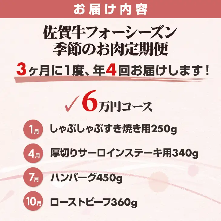 【定期便】佐賀牛フォーシーズン季節のお肉定期便（1月・4月・7月・10月/年4回） Q060-001