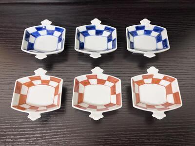 伊万里焼 市松コヅチ豆鉢（青・赤）６個セット 165-H1066