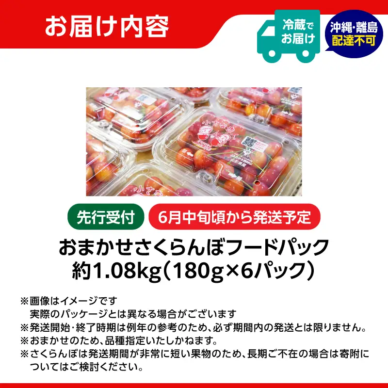 001-088 《先行受付》おまかせさくらんぼ 佐藤錦 or 紅秀峰  フードパック 約1.08kg (180g×6) 【2026年6月中旬頃～発送予定】【山形県産さくらんぼ】 001-088