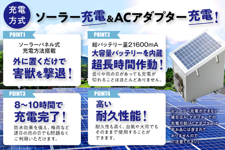イノシシ・小動物防除威嚇機「里山のボイス・ボス」 イノシシ 猪 畑 害獣 威嚇 威嚇機 大音量 100dB以上 軽量 コンパクト センサー感知 獣害被害 ソーラー充電 大容量バッテリー 21600mA 防水防塵 高耐久