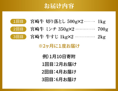 【定期便隔月3回】宮崎牛 普段使い定期便 N0140-YD0268