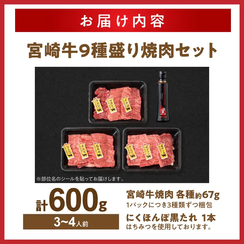【数量限定】宮崎牛9種盛り焼肉セット≪みやこんじょ特急便≫〔22-31-006-600g-Q〕_(都城市) ギフト 贈答用 牛肉 タレ付き 国産
