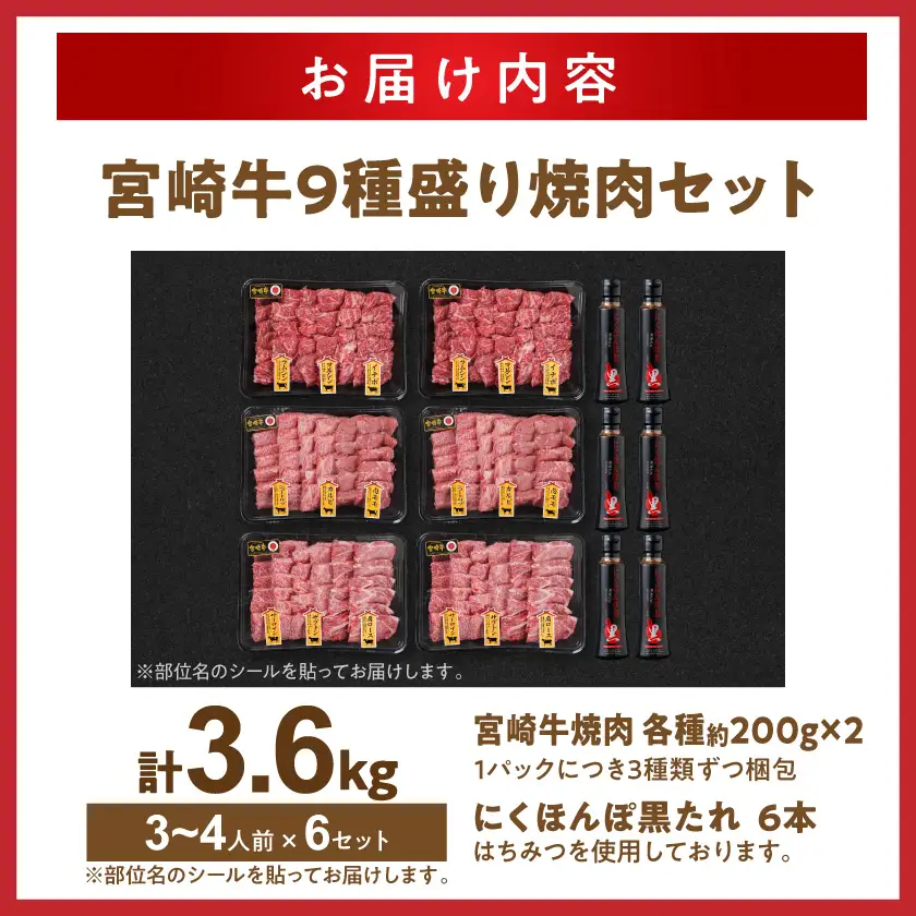 【数量限定】宮崎牛9種盛り焼肉セット(各600g×6P)≪みやこんじょ特急便≫〔MC-31-006-3600g-Q〕_(都城市) 宮崎牛 ラムシン マルシン イチボ サーロイン ザブトン 肩ロース ショートリブ カルビ 内モモ ギフト 贈答用 牛肉 タレ付き 肉 国産