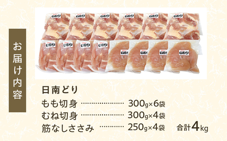 日南どり 3種類 セット 合計4kg 鶏肉 国産 チキン もも むね 切身 筋なしささみ 小分け 便利 食べ比べ おかず お弁当 おつまみ 食品 真空パック 焼肉 万能食材 からあげ サラダ お取り寄せ グルメ おすすめ ご褒美 記念日 お祝い 日南市 宮崎県 送料無料_DB25-24