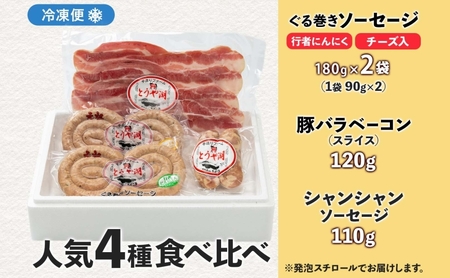 北海道 食べ比べ 4種セット ぐる巻き ソーセージ にんにく チーズ ベーコン シャンシャン ハム 北海道産 豚肉 粗挽き 手作り 詰め合わせ ギフト お取り寄せ お肉屋 たどころ 送料無料 