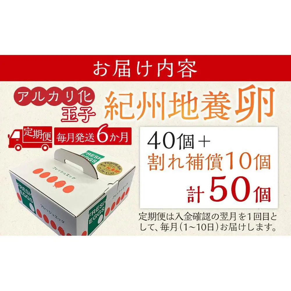 【定期便 毎月発送 全6回】 アルカリ化 玉子 紀州地養卵 合計 50個入 (40個＋割れ補償分10個）× 6回　卵 たまご 玉子 タマゴ 鶏卵 まとめ買い オムレツ 卵かけご飯 朝食 業務用