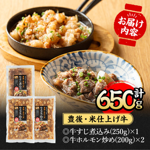 豊後米仕上げ牛牛すじ煮込み＋牛ホルモン炒めセット(合計650g・3パック)牛肉 お肉 小腸 おかず おつまみ 小分け 簡単調理 惣菜 時短【111100402】【神楽茶屋】