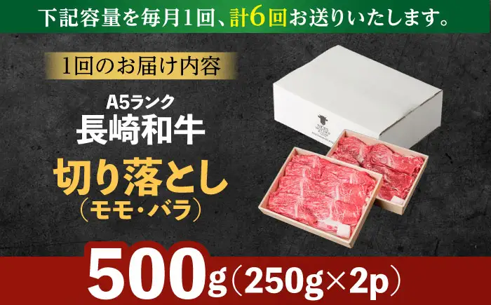 【6回定期便】長崎和牛 A5 赤身 切り落とし(モモ・バラ) 500g(250g×2) / 牛肉 和牛 モモ もも バラ バラ肉 すき焼き A5ランク 小間切れ / 諫早市 / 野中精肉店 [AHCW013]