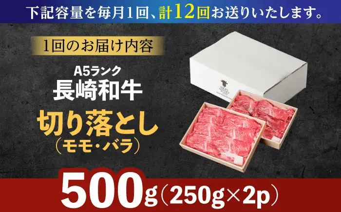 【12回定期便】長崎和牛 A5 赤身 切り落とし(モモ・バラ) 500g(250g×2) / 牛肉 和牛 モモ もも バラ バラ肉 すき焼き A5ランク 小間切れ / 諫早市 / 野中精肉店 [AHCW014]