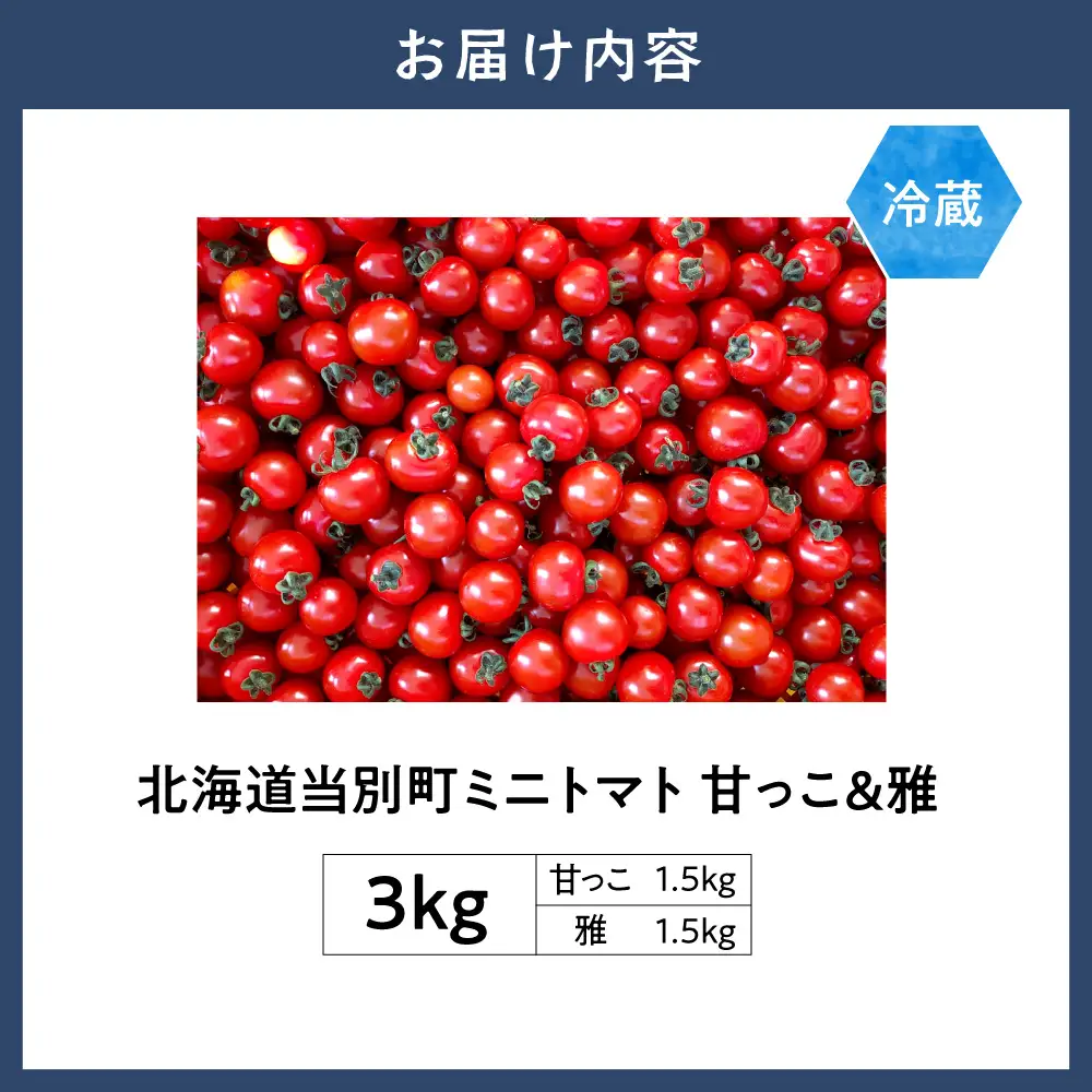 北海道当別町産化学農薬不使用ミニトマト：甘っ子 1.5kg 雅 1.5kg 計3kg 北海道産 トマト 野菜 大容量 北海道 当別町