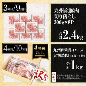 isa586 【定期便12回】豚・牛が交互に届く生活応援定期便(合計17.5kg) 肉 豚肉 牛肉 霜降り すきやき しゃぶしゃぶ スライス 生姜焼き 豚バラ 切り落とし 焼肉 冷凍 ロース カタロース 肩ロース BBQ アウトドア コンシェルジュ 【サンキョーミート株式会社】