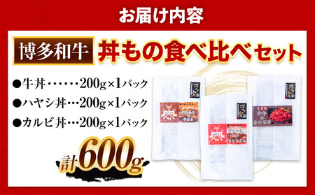 博多和牛 牛丼 ハヤシ丼 カルビ丼 丼ものセット 各 200g x 1パック 600g 清柳食産《30日以内に順次出荷(土日祝除く)》肉 牛肉 和牛 丼 送料無料 鞍手郡 鞍手町 お弁当 おかず 小分け パック 冷凍