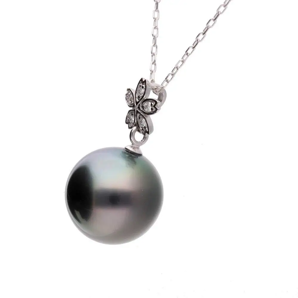【星桜】ブラックパール（タヒチ 黒蝶真珠） 10mm セミラウンド ダイヤモンド Pt900 プラチナ ペンダントトップ