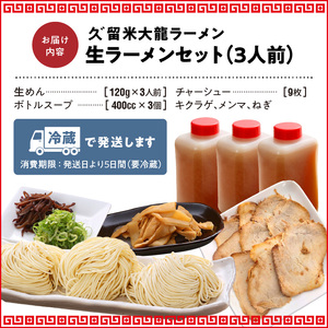 久゛留米大龍ラーメン　生ラーメン（3人前）セット_久゛留米大龍ラーメン 生ラーメン（3人前）セット チャーシュー あとくちサッパリ グルメ 九州グルメ 豚骨ラーメン スープ ご当地 ご当地ラーメン 食品 冷蔵 お取り寄せ 九州 福岡県 久留米市 送料無料 お土産 とんこつ 生麺 〔Br027〕
