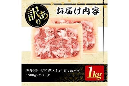 ＜訳あり＞博多和牛切り落とし(計1kg・500g×2P)牛肉 黒毛和牛 国産 化粧箱 贈答 ギフト プレゼント 小分け＜離島配送不可＞【ksg0290】【MEATPLUS】