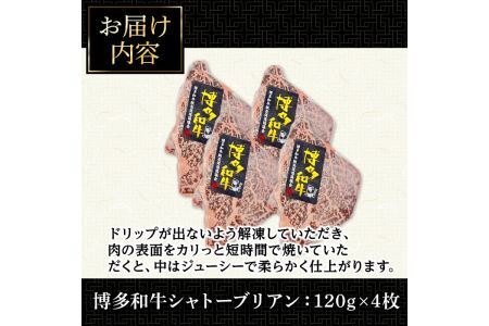 博多和牛シャトーブリアン(120g×4枚・計480g)牛肉 和牛 博多和牛 国産 ステーキ シャトーブリアン＜離島配送不可＞【ksg1285】【くしだ企画】