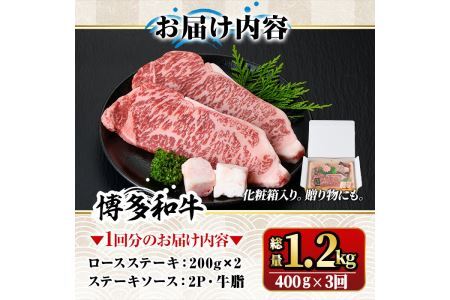 【ksg1357】＜定期便・全3回(連続)＞博多和牛A5～A4 ロースステーキ ソース付(総量1.2kg) 牛肉 黒毛和牛 国産 霜降り 化粧箱 贈答 ギフト プレゼント ＜離島配送不可＞【マル五】