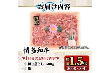 【ksg1368】＜定期便・全3回(連続)＞博多和牛A5～A4 切り落とし(総量1.5kg) 牛肉 黒毛和牛 国産 霜降り化粧箱 贈答 ギフト プレゼント ＜離島配送不可＞【マル五】