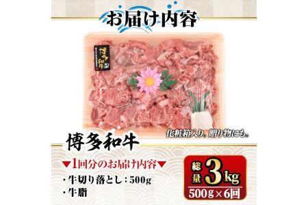 【ksg1370】＜定期便・全6回(連続)＞博多和牛A5～A4 切り落とし(総量3kg) 牛肉 黒毛和牛 国産 霜降り化粧箱 贈答 ギフト プレゼント ＜離島配送不可＞【マル五】