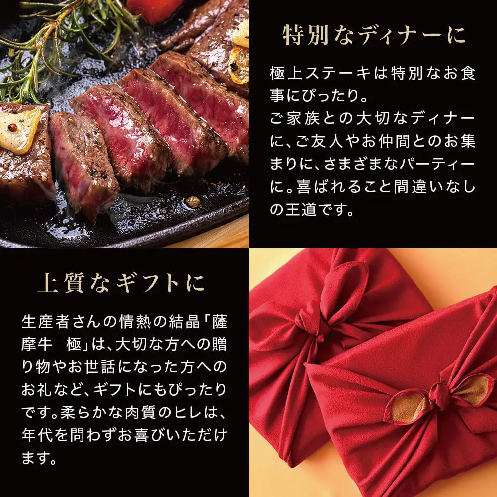 鹿児島県産黒毛和牛「薩摩牛 極」ヒレステーキ 4枚 計600g 1枚約150g 国産牛 牛肉 A5 赤身 希少部位 プレミアム グルメ プレート 焼肉 バーベキュー BBQ アウトドア レア フィレ ブランド牛 お祝い ご褒美 贅沢 カミチク 冷凍