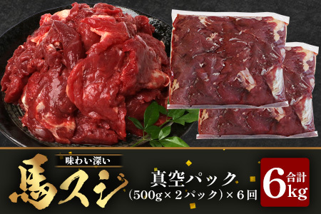 【 定期便 6回 】 熊本県 馬スジ 1㎏（ 500g×2 ） × 6回 【 合計 6kg 】 【 馬肉 すじ肉 大容量 本場 熊本県 馬 赤身 煮込み カレー シチュー 冷凍 真空 熊本 肥育 ヘルシー 赤身 肉 高栄養 肉 】 041-0159