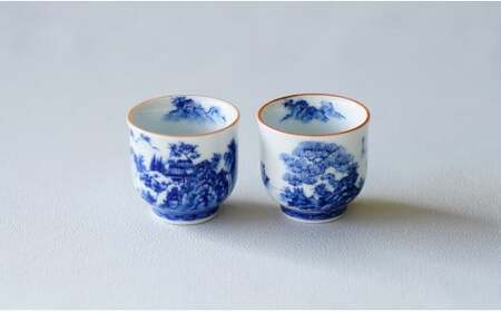 有田焼 手描き 山水絵 ぐい呑み 絵変り 2個セット【起山窯】食器 器 うつわ 酒器 ぐい呑み おちょこ セット ペア 電子レンジ対応 A30-644