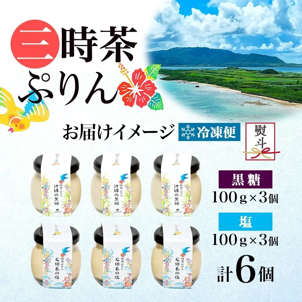 無地熨斗 三時茶ぷりん 黒糖 ＆ 三時茶ぷりん 塩 各3個 計6個 冷凍 2種 沖縄の黒糖 石垣島の塩 プリン ぷりん 黒糖 塩 こくとう しお スイーツ 洋菓子 おやつ 冷菓 贅沢 ご褒美 デザート 専門店 和スイーツ 人気 グルメ お取り寄せ ギフト プレゼント つくば 送料無料 ふじ屋 茨城県 桜川市 [EW029sa]