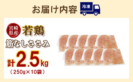 宮崎県産 若鶏筋なしささみ 2.5kgセット (250g×10袋) 鶏肉 ささみ 鶏ささみ 小分け 真空パック 冷凍 国産 宮崎県産 九州 送料無料