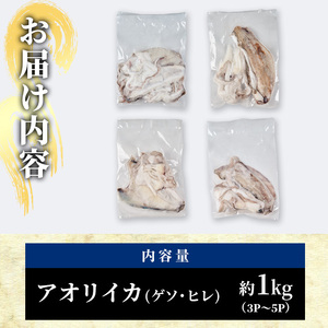 〈訳あり〉加熱用 アオリイカ(ゲソ・ヒレ) (計約1kg・3P～5P) 魚介 イカ 塩焼き 冷凍 おつまみ 海鮮 海の直売所 大分県 佐伯市【AS145】【海べ (株)】