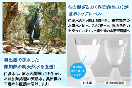奥出雲の純天然水仁多水定期便(2L×6本)5回【水 定期便 5回 2L×6本 常備水 飲料 ミネラルウォーター 天然水 非加熱 ミネラル 溶存酸素量 飲み物 備蓄水 防災 キャンプ アウトドア  非常用】