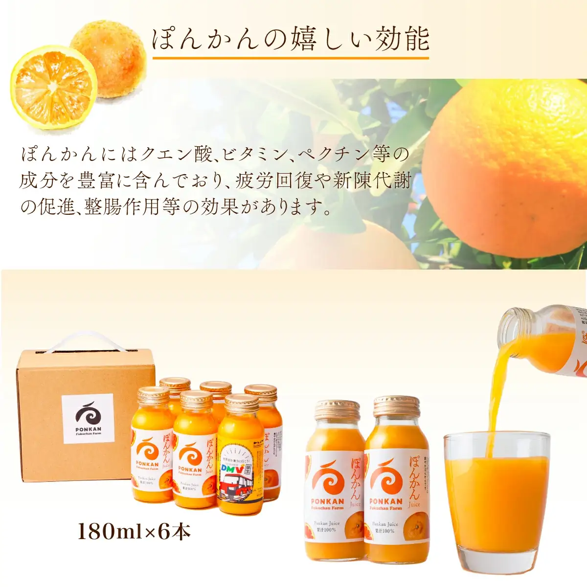 ぽんかんジュース180ml 6本入り 国産 東洋町産 果汁100% フレッシュジュース 酸味 着色料保存料不使用 四国 お取り寄せ フルーツ 果汁飲料 送料無料 F136 【株式会社フクチャンFARM】