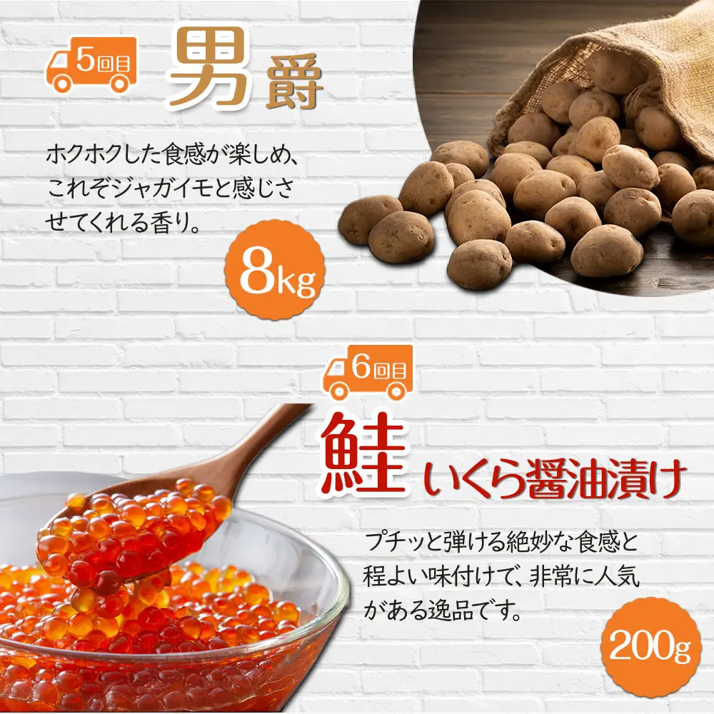 【26年5月発送開始】かに太郎 定期便Mセット（アスパラ、赤肉メロン、ライオンコーン、白くまコーン、男爵、無添加鮭イクラ醤油漬け）全6回 | 定期便 北海道_03826