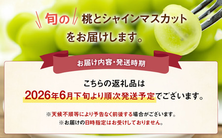 【期間限定発送】【旬の桃とシャインマスカットの2回定期便】令和7年 桃約2kg（5～6玉）、シャインマスカット約1.8kg（2～4房） [株式会社えべし 山梨県 中央市 21470869] ぶどう 桃 フルーツ 果物 くだもの ブドウ シャイン マスカット もも 葡萄 期間限定 季節限定 【2026年6月下旬-10月下旬発送予定】