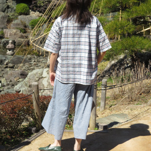 【和心衣・カゲヤマ】　和晒し仕上げの半袖ブラウス（44-40）　青紫系・Lサイズ