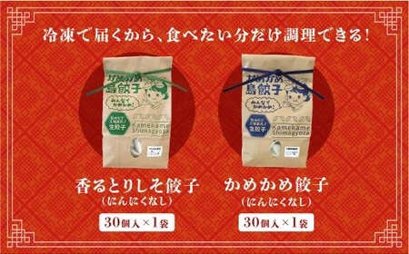 かめかめ島餃子 (しそ・にんにくなし) 30個 × 2袋 | 香るとりしそ餃子(若鶏・にんにくなし)  かめかめ餃子(豚肉・にんにくなし) やんばる若鶏 | 包みたて 工場直売 餃子 シママース | 簡単調理 手軽 | 餃子 豚肉 鶏肉 出汁 沖縄 お取り寄せ グルメ 冷凍