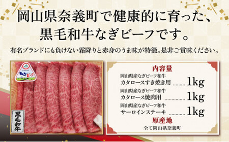 【岡山県産なぎビーフ和牛】　肩ロースすき焼き用約1kg　焼肉用約1kg　サーロインステーキ約250g×4　合計3kg 黒毛和牛 牛肉 小分け 冷凍  