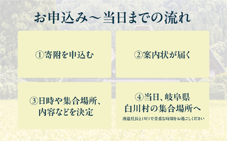 渡辺酒造店 社長『渡邉 久憲』レンタル VIP秘蔵酒付き お酒 日本酒 飛騨 の 地酒 世界遺産 白川郷 渡辺酒造店 地酒 体験 チケット 白川村 岐阜県 100万円 1000000円 [S902]