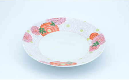 有田焼 菊花尽くし 7寸丸盛器 21cm【まるぶん】食器 器 うつわ 磁器 陶磁器 皿 中皿 プレート 盛皿 メイン皿 花 菊 華やか カラフル お正月 赤 ピンク 白 食洗機対応 A24-187