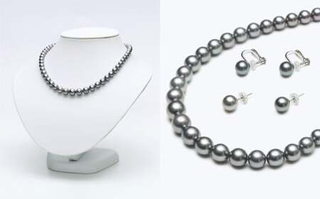 あこや真珠 (6.5-9.5mm、ブラック系) グラデーションネックレス & イヤリング or ピアス セット ／ アクセサリー ジュエリー 長崎県 長崎市