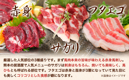 3種の馬刺し 赤身 フタエゴ サガリ 300g 各100g 醤油付き 5ml×2袋 長洲町L（桜屋）《60日以内に出荷予定（土日祝除く）》 熊本県 長洲町 馬肉 馬刺し 熊本県産 国産