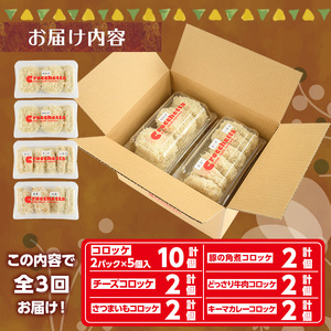 おすすめコロッケ詰め合わせ定期便(全3回) 惣菜 総菜 おかず お弁当 冷凍 揚げ物 揚げるだけ 定期便 冷凍食品 冷凍コロッケ ころっけ コロッケ 角煮 チーズ さつまいも 牛肉 カレー キーマカレー グルメ【m30-08】【森のクロケッタ】