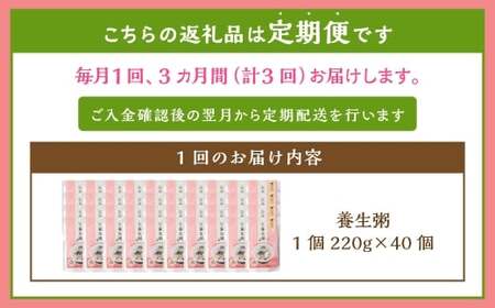 【全3回定期便】レトルト養生粥40食セット ／ 220g×40個 お粥 レトルト粥 保存食 長期保存 手軽 防災食 長崎県 長崎市